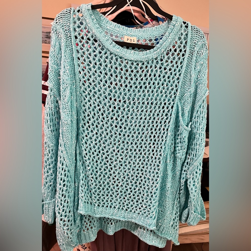 POL Women's Light Blue Open Knit Sweater